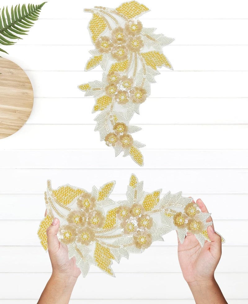 SAIXCCS 1pc Large Flower Rhinestone Applique Yellow, Embroidery Sequin Patches for Clothes,Beaded Lace Applique for Wedding Bridal Dress Bodice Hat Sewing Craft for Girl Embellishment(Yellow) - Image 2